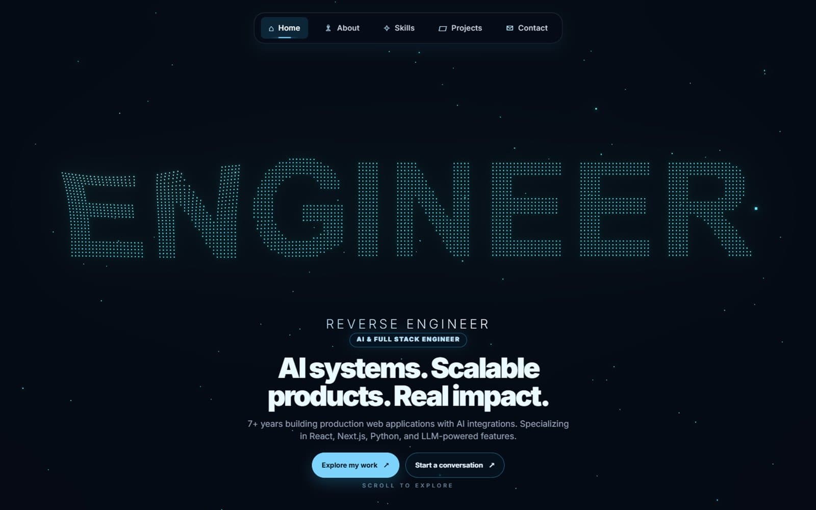 Landing page on a dark background, the word ENGINEER rendered as a grid of glowing dots above a headline and two call-to-action buttons.