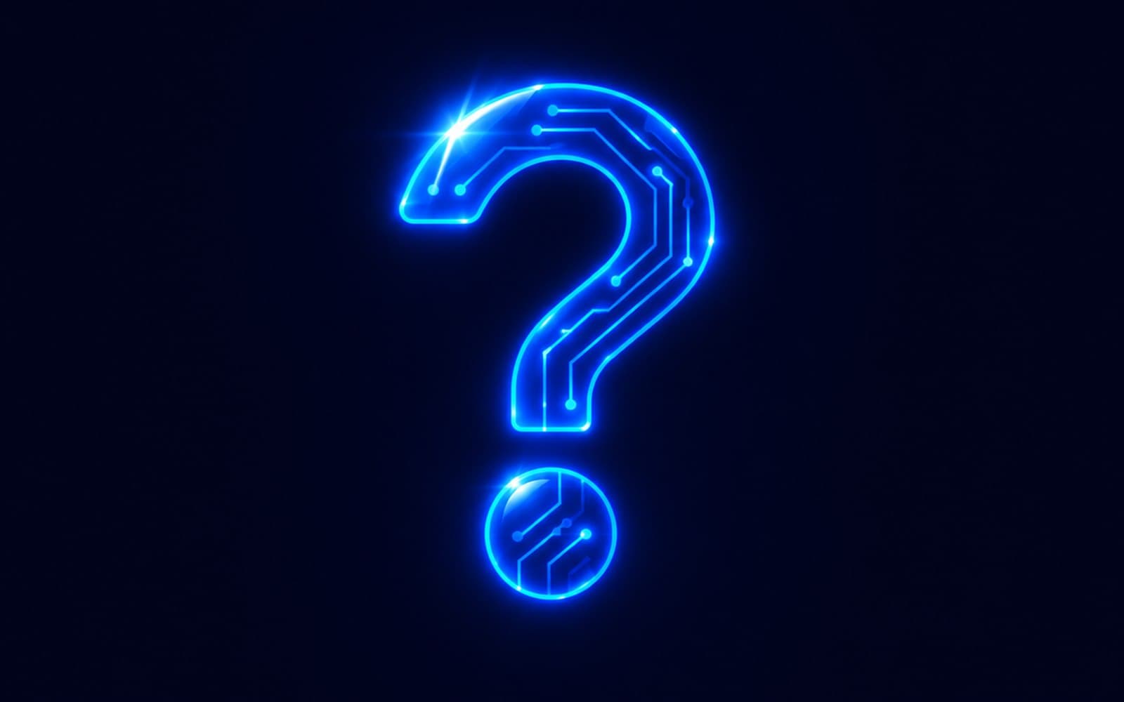 Abstract artwork: a glowing blue question mark drawn as circuit traces on a dark background.